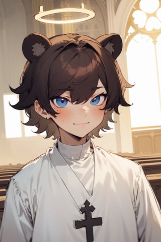 (masterpiece), 1boy, solo male, best quality, expressive eyes, perfect face, sketch style, (sfw), best quality, kemonomimi, bear ears, animal ears, brown hair, short hair, messy_hair, blue eyes BREAK freckles, (priest), (little boy, young boy), white outfit, smile, halo, closed mouth, looking_at_viewer, blush, indoors, church, 