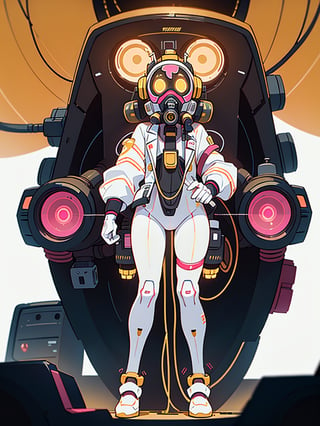 RAW image, a robot, black and white gas mask head, (full body:1.6), body with several multicolored connections and wires, brown pneumatic cables, electric circuits, hologram, yellow and black, pink tractor wheels, golden cap, nice looking, best image, masterpiece, lens 300mm, 8k, (white background:1.3), multiple_angle views, long focal length