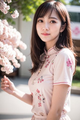 Woman, pure face, cheongsam, slender, short pants, Sakura , bokeh