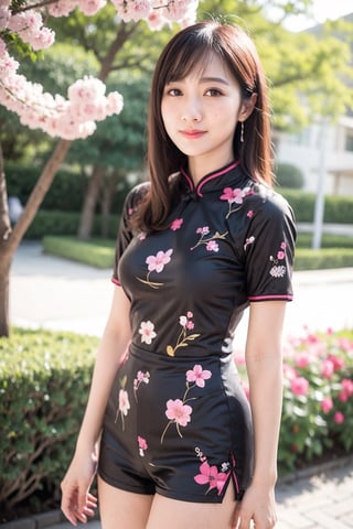 Woman, pure face, cheongsam, slender, short pants, Sakura , bokeh