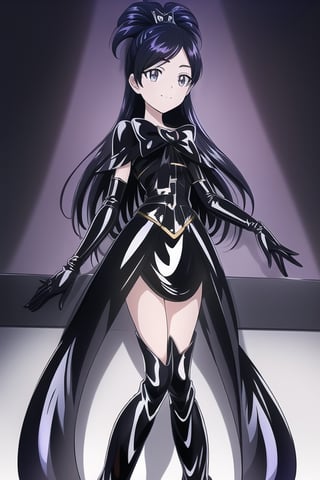 black latex suit, black high boots, long black gloves, cure white, 1girl, solo, medium breasts, standing, looking at viewer, indoor, golden basement, fullbody, (extremely detailed CG unity 8k wallpaper), (ultra-detailed), (best illustration), (best shadow), (an extremely delicate and beautiful), finely detail, (shine),