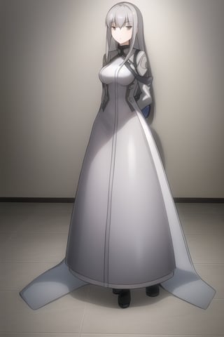 grey latex dress, grey high boots, long grey gloves, shiboshenxie, black hair, 1girl, solo, medium breasts, arms at the sides, standing, looking at viewer, indoor, gold basement, fullbody, (extremely detailed CG unity 8k wallpaper), (ultra-detailed), (best illustration), (best shadow), (an extremely delicate and beautiful), finely detail, (shine)