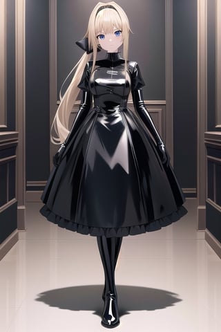 Black latex dress with long ball gown skirt, huge black latex bow at the waist, long black latex gloves, high black latex booties, long blonde hair with ponytail with enormous latex bow, Alicezuberg, 1girl, solo, medium breasts, standing, looking at viewer, indoor, basement, blue color basement, fullbody, ENTIRE PLANE, (extremely detailed CG unity 8k wallpaper), (ultra-detailed), (best illustration), (best shadow), (an extremely delicat EEe and beautiful), finely detail, (shine), 