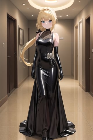 Big black latex ballgown dress, black latex gloves, hair with Pull-Through Braid Ponytail with very enormous black latex bow, closed skirt, long blonde hair, alicezuberg, 1girl, solo, standing, medium breasts, indoor, basement, looking at viewer, fullbody,  ENTIRE PLANE, (extremely detailed CG unity 8k wallpaper), (ultra-detailed), (best illustration), (best shadow), (an extremely delicat EEe and beautiful), finely detail, (shine),