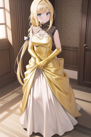 Big gold latex ballgown dress, gold latex gloves, hair with Pull-Through Braid Ponytail with very enormous gold latex bow, closed skirt, long blonde hair, alicezuberg, 1girl, solo, standing, medium breasts, indoor, basement, looking at viewer, fullbody,  ENTIRE PLANE, (extremely detailed CG unity 8k wallpaper), (ultra-detailed), (best illustration), (best shadow), (an extremely delicat EEe and beautiful), finely detail, (shine),