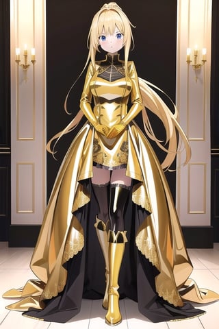 Gold latex dress with long ball gown skirt, huge gold latex bow at the waist, long gold latex gloves, high gold latex booties, long blonde hair with ponytail with enormous gold latex bow, Alicezuberg, 1girl, solo, medium breasts, standing, looking at viewer, indoor, gold color basement, fullbody, ENTIRE PLANE, (extremely detailed CG unity 8k wallpaper), (ultra-detailed), (best illustration), (best shadow), (an extremely delicat EEe and beautiful), finely detail, (shine), ,Alicezuberg 