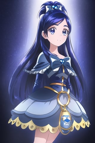 dark blue latex dress, dark blue high boots, long dark blue gloves, cure white, long black hair, 1girl, solo, medium breasts, standing, looking at viewer, indoor, golden basement, fullbody, (extremely detailed CG unity 8k wallpaper), (ultra-detailed), (best illustration), (best shadow), (an extremely delicate and beautiful), finely detail, (shine),
