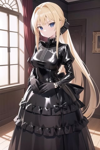 Black latex dress with long ball gown skirt, huge black latex bow at the waist, long black latex gloves, high black latex booties, long blonde hair with ponytail with very enormous black latex bow, Alicezuberg, 1girl, solo, medium breasts, indoor, black basement, standing, looking at viewer, fullbody, ENTIRE PLANE, (extremely detailed CG unity 8k wallpaper), (ultra-detailed), (best illustration), (best shadow), (an extremely delicat EEe and beautiful), finely detail, (shine), ,Alicezuberg ,Suzu 