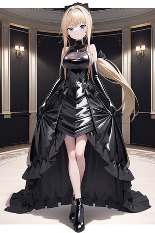 Black latex dress with long ball gown skirt, huge black latex bow at the waist, long black latex gloves, high black latex booties, long blonde hair with ponytail with enormous latex bow, Alicezuberg, 1girl, solo, medium breasts, standing, looking at viewer, indoor, gold color basement, fullbody, ENTIRE PLANE, (extremely detailed CG unity 8k wallpaper), (ultra-detailed), (best illustration), (best shadow), (an extremely delicat EEe and beautiful), finely detail, (shine), ,Alicezuberg 