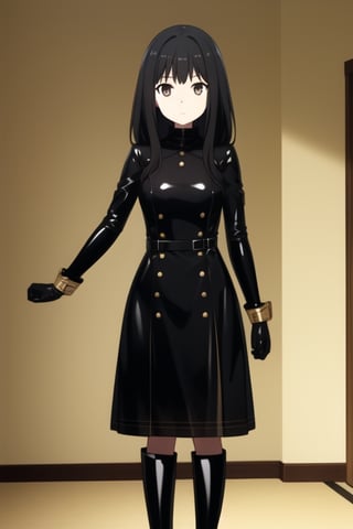 Black latex dress, black high boots, long black gloves, takinainoue, black hair, 1girl, solo, medium breasts, standing, looking at viewer, indoor, golden basement, fullbody, (extremely detailed CG unity 8k wallpaper), (ultra-detailed), (best illustration), (best shadow), (an extremely delicate and beautiful), finely detail, (shine),