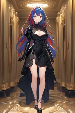 Black latex dress, black gloves, aleardef, blue and red hair, long hair,1girl, solo, medium breasts, standing, looking at viewer, indoor, golden basement, fullbody, (extremely detailed CG unity 8k wallpaper), (ultra-detailed), (best illustration),(best shadow), (an extremely delicate and beautiful), finely detail, (shine),