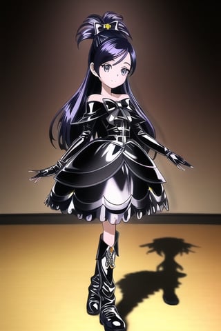 black latex dress, black high boots, long black gloves, cure white, 1girl, solo, medium breasts, standing, looking at viewer, indoor, golden basement, fullbody, (extremely detailed CG unity 8k wallpaper), (ultra-detailed), (best illustration), (best shadow), (an extremely delicate and beautiful), finely detail, (shine),