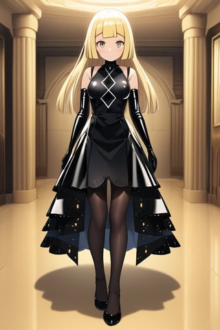 Black latex dress, black gloves, lillie, 1girl, solo, medium breasts, standing, looking at viewer, indoor, golden basement, fullbody, (extremely detailed CG unity 8k wallpaper), (ultra-detailed), (best illustration),(best shadow), (an extremely delicate and beautiful), finely detail, (shine),