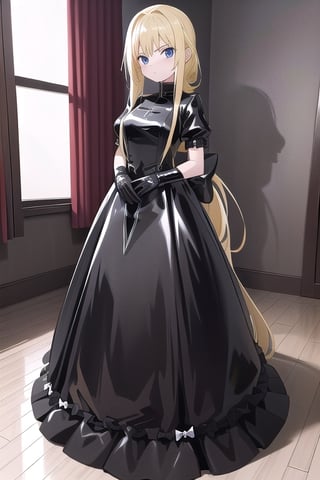 Black latex dress with long ball gown skirt, huge black latex bow at the waist, long black latex gloves, high black latex booties, long blonde hair with ponytail with very enormous black latex bow, Alicezuberg, 1girl, solo, medium breasts, indoor, black basement, standing, looking at viewer, fullbody, ENTIRE PLANE, (extremely detailed CG unity 8k wallpaper), (ultra-detailed), (best illustration), (best shadow), (an extremely delicat EEe and beautiful), finely detail, (shine), ,Alicezuberg ,Suzu 