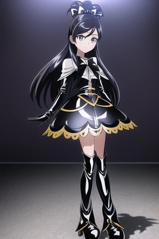 black latex suit, black high boots, long black gloves, cure white, 1girl, solo, medium breasts, standing, looking at viewer, indoor, golden basement, fullbody, (extremely detailed CG unity 8k wallpaper), (ultra-detailed), (best illustration), (best shadow), (an extremely delicate and beautiful), finely detail, (shine),