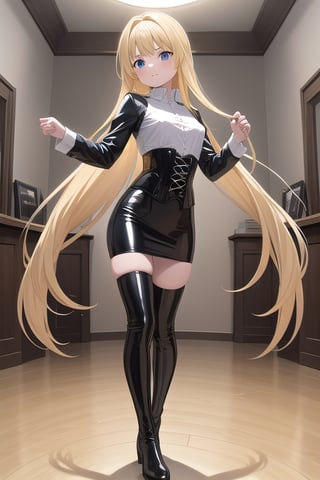 black latex long pencil skirt, black shirt, black latex Corset top, black thigh high boots long blonde hair, alicezuberg, 1girl, solo, standing, medium breasts, indoor, dance room, looking at viewer, fullbody,  ENTIRE PLANE, (extremely detailed CG unity 8k wallpaper), (ultra-detailed), (best illustration), (best shadow), (an extremely delicat EEe and beautiful), finely detail, (shine),