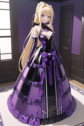 Purple latex dress with long ball gown skirt, huge purple latex bow at the waist, long purple latex gloves, high purple latex booties, long blonde hair with ponytail with enormous purple latex bow, Alicezuberg, 1girl, solo, medium breasts, standing, looking at viewer, indoor, purple basement, fullbody, ENTIRE PLANE, (extremely detailed CG unity 8k wallpaper), (ultra-detailed), (best illustration), (best shadow), (an extremely delicat EEe and beautiful), finely detail, (shine), ,Alicezuberg 