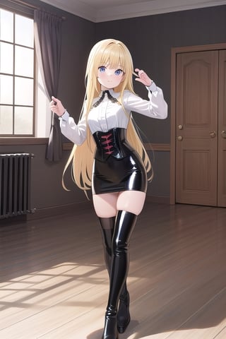 black latex long pencil skirt, black shirt, black latex Corset top, black thigh high boots long blonde hair, alicezuberg, 1girl, solo, standing, medium breasts, indoor, dance room, looking at viewer, fullbody,  ENTIRE PLANE, (extremely detailed CG unity 8k wallpaper), (ultra-detailed), (best illustration), (best shadow), (an extremely delicat EEe and beautiful), finely detail, (shine),