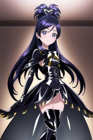 black latex suit, black high boots, long black gloves, cure white, 1girl, solo, medium breasts, standing, looking at viewer, indoor, golden basement, fullbody, (extremely detailed CG unity 8k wallpaper), (ultra-detailed), (best illustration), (best shadow), (an extremely delicate and beautiful), finely detail, (shine),