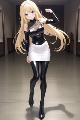 black latex long pencil skirt, black shirt, black latex Corset top, long blonde hair, alicezuberg, 1girl, solo, standing, medium breasts, indoor, dance room, looking at viewer, fullbody,  ENTIRE PLANE, (extremely detailed CG unity 8k wallpaper), (ultra-detailed), (best illustration), (best shadow), (an extremely delicat EEe and beautiful), finely detail, (shine),