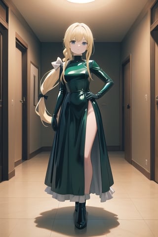Big dark green latex ballgown dress, dark green latex gloves, hair with Pull-Through Braid Ponytail with very enormous dark blue latex bow, closed skirt, long blonde hair, alicezuberg, 1girl, solo, standing, medium breasts, indoor, basement, looking at viewer, fullbody,  ENTIRE PLANE, (extremely detailed CG unity 8k wallpaper), (ultra-detailed), (best illustration), (best shadow), (an extremely delicat EEe and beautiful), finely detail, (shine),