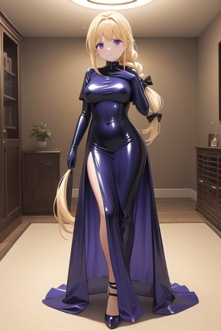 Big dark purple latex ballgown dress, dark purple latex gloves, hair with Pull-Through Braid Ponytail with very enormous dark blue latex bow, closed skirt, long blonde hair, alicezuberg, 1girl, solo, standing, medium breasts, indoor, basement, looking at viewer, fullbody,  ENTIRE PLANE, (extremely detailed CG unity 8k wallpaper), (ultra-detailed), (best illustration), (best shadow), (an extremely delicat EEe and beautiful), finely detail, (shine),