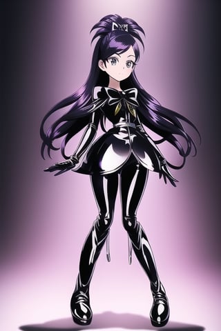 black latex suit, black high boots, long black gloves, cure white, 1girl, solo, medium breasts, standing, looking at viewer, indoor, golden basement, fullbody, (extremely detailed CG unity 8k wallpaper), (ultra-detailed), (best illustration), (best shadow), (an extremely delicate and beautiful), finely detail, (shine),