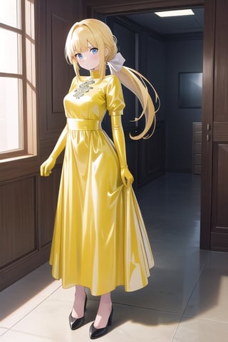 Big yellow latex ballgown dress, yellow latex gloves, hair with Pull-Through Braid Ponytail with very enormous dark blue latex bow, closed skirt, long blonde hair, alicezuberg, 1girl, solo, standing, medium breasts, indoor, basement, looking at viewer, fullbody,  ENTIRE PLANE, (extremely detailed CG unity 8k wallpaper), (ultra-detailed), (best illustration), (best shadow), (an extremely delicat EEe and beautiful), finely detail, (shine),