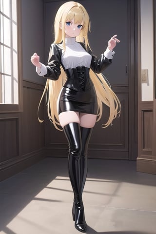 black latex long pencil skirt, black shirt, black latex Corset top, thigh high boots long blonde hair, alicezuberg, 1girl, solo, standing, medium breasts, indoor, dance room, looking at viewer, fullbody,  ENTIRE PLANE, (extremely detailed CG unity 8k wallpaper), (ultra-detailed), (best illustration), (best shadow), (an extremely delicat EEe and beautiful), finely detail, (shine),