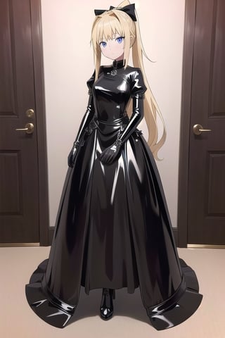 Black latex dress with long ball gown skirt, huge black latex bow at the waist, long black latex gloves, high black latex booties, long blonde hair with ponytail with enormous latex bow, Alicezuberg, 1girl, solo, medium breasts, standing, looking at viewer, indoor, gold color basement, fullbody, ENTIRE PLANE, (extremely detailed CG unity 8k wallpaper), (ultra-detailed), (best illustration), (best shadow), (an extremely delicat EEe and beautiful), finely detail, (shine), ,Alicezuberg 