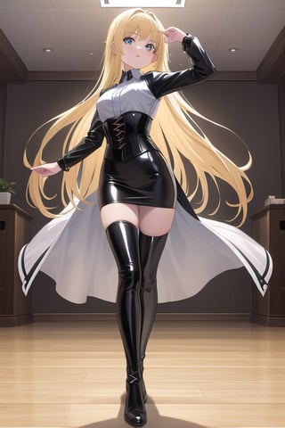 black latex long pencil skirt, black shirt, black latex Corset top, thigh high boots long blonde hair, alicezuberg, 1girl, solo, standing, medium breasts, indoor, dance room, looking at viewer, fullbody,  ENTIRE PLANE, (extremely detailed CG unity 8k wallpaper), (ultra-detailed), (best illustration), (best shadow), (an extremely delicat EEe and beautiful), finely detail, (shine),