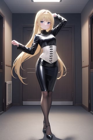black latex long pencil skirt, black shirt, black latex Corset top, long blonde hair, alicezuberg, 1girl, solo, standing, medium breasts, indoor, dance room, looking at viewer, fullbody,  ENTIRE PLANE, (extremely detailed CG unity 8k wallpaper), (ultra-detailed), (best illustration), (best shadow), (an extremely delicat EEe and beautiful), finely detail, (shine),