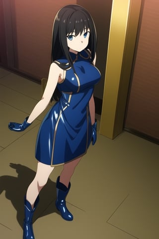 Blue latex dress, blue high boots, long blue gloves, takinainoue, black hair, 1girl, solo, medium breasts, standing, looking at viewer, indoor, golden basement, fullbody, (extremely detailed CG unity 8k wallpaper), (ultra-detailed), (best illustration), (best shadow), (an extremely delicate and beautiful), finely detail, (shine),