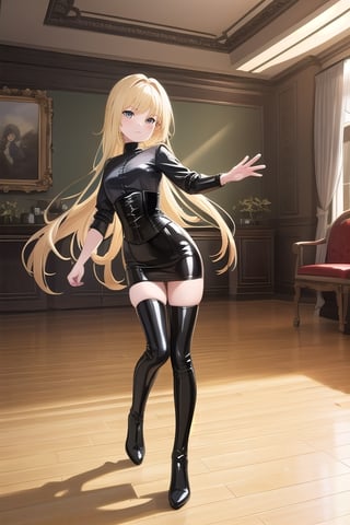 black latex long pencil skirt, black shirt, black latex Corset top, black thigh high boots long blonde hair, alicezuberg, 1girl, solo, standing, medium breasts, indoor, dance room, looking at viewer, fullbody,  ENTIRE PLANE, (extremely detailed CG unity 8k wallpaper), (ultra-detailed), (best illustration), (best shadow), (an extremely delicat EEe and beautiful), finely detail, (shine),