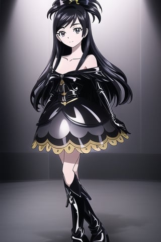 black latex dress, black high boots, long black gloves, cure white, long black hair, 1girl, solo, medium breasts, standing, looking at viewer, indoor, golden basement, fullbody, (extremely detailed CG unity 8k wallpaper), (ultra-detailed), (best illustration), (best shadow), (an extremely delicate and beautiful), finely detail, (shine),