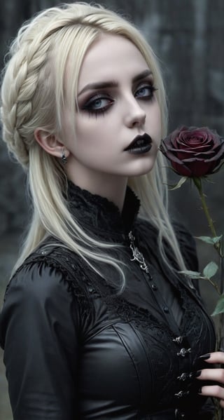 Highy detailed image, cinematic shot, (bright and intense:1.2), wide shot, perfect centralization, side view, dynamic pose, crisp, defined, HQ, detailed, HD, dynamic light & pose, motion, moody, intricate, 1girl, blonde  (((goth))) holding a black rose, attractive, clear facial expression, perfect hands, emotional, hyperrealistic inspired by necronomicon art, my baby just cares for me, fantasy horror art, photorealistic dark concept art
,goth person