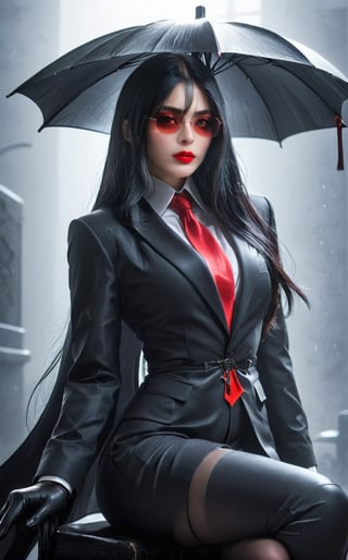 score_9, score_8_up, score_7_up, score_6_up, score_5_up, score_4_up, BREAK source_anime, rating_explicit, A stunning, elegant female assassin with long black hair and striking red lips stands in a sophisticated and dark outfit, holding an umbrella. She is protecting an imposing mafia boss, who is seated, holding a sword with both hands. The boss has long white hair and a beard, wears a stylish black suit, dark gloves, and futuristic sunglasses. The scene is atmospheric with mist or fog, creating a dramatic and mysterious mood, resembling a movie poster or a high-fashion editorial shoot. Realistic style, high detail, sharp focus on characters, cinematic lighting, neutral background.
