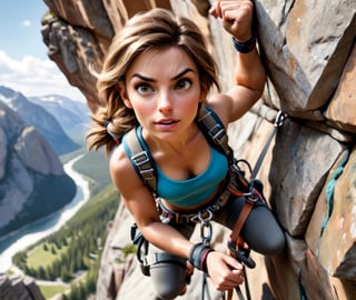 Craft a hyper-realistic image of a woman rock climbing, captured from a top-down perspective that accentuates the dizzying height and her arduous ascent. She clings to the rugged cliff face, muscles taut and fingers searching for the next hold. Her climbing gear, a harness with carabiners and quickdraws, is secure and contrasts sharply against the natural stone. Her expression is one of intense concentration and concern