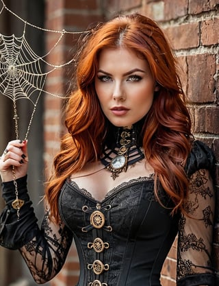 (((A stunning sexy woman in steampunk))) A captivating steampunk lady stands poised with a look of determination, her fiery red hair intricately styled against a backdrop of cobwebs. 🕸️Her piercing eyes and perfectly lined makeup reflect the intensity of a black widow, ready to ensnare anyone who crosses her path.🖤 Dressed in a black corset with lace sleeves and intricate details, she embodies elegance and danger in equal measure. The spiderweb behind her adds an aura of mystery, hinting at the web of intrigue she weaves. When she's around, beware of getting caught in her web
