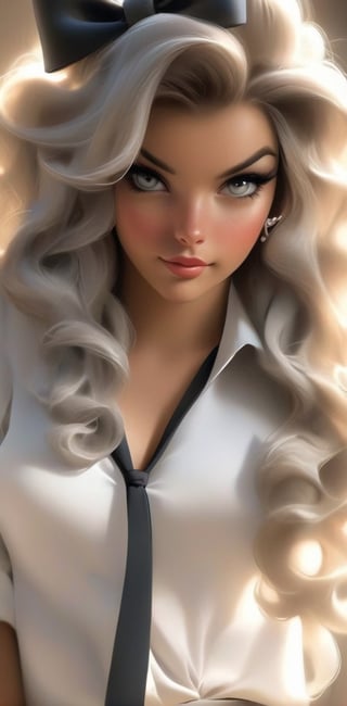 1girl, solo, long hair, looking at viewer, shirt, bow, jewelry, white shirt, (((upper full body))), whitelile hair, hair bow, lips, grey eyes, wavy lile hair, realistic