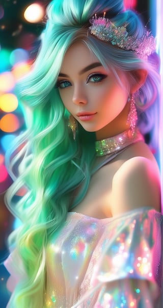 (masterpiece), (best quality), (ultra-detailed), (best quality, 4k, 8k, 32k, masterpiece, UHD:1.2), highres, sharp focus, absurdres, key visual, ++++, (trending on Pixiv), digital illustration, digital drawing, (detailed outfit, beautiful detailed hair, delicate details, realistic skin, shiny skin), *****, Solo, 1 girl, beautiful hypnotic young female wearing a sleek glamorous white and neon green lace halter top, lace, (( flawless mix of the following aesthetics E-GIRL)), (fashionable jewelry, necklaces, multiple ear piercings, earrings), her hair is half up half down, upper half of hair is worn in E-GIRL style cone buns while the lower half of her hair is crimped and worn down, ((waist length, crimped, (add volume to hair :1.5), shiny, (iridescent hair :1.3), EGIRL style hair)), +++++, (bright, twinkling, fiercely glittering, (glittery gradient eyes :1.4), (large eye highlights :1.2), shiny pupils), **\**, full lips, ((lipstick, flushed cheeks, extraordinarily long eyelashes, exceptionally thick eyelashes, lips, sharp black eyeliner, sharply contoured face, shimmery highlighted cheekbones, shimmery eyeshadow, HD, +++++, flawlessly applied makeup, EGIRL aesthetic Style makeup!!!)), bewitching, ULZZANG, BADDIE, mesmerizing, beautiful, alluring, entrancing, hypnotic beauty, _____,+++++, looking at viewer, (nice hands, perfect hands, flawless hands), (ideal anatomy, impeccable anatomy, perfect anatomy), ((seductive smile, alluring gaze)), ((looking at viewer, mid body, half body)), (((ultra detailed scenery, highly detailed backdrop)), (cinematic lighting, special effects), glitt3r,gyaru,cone hair bun, (add more glitter :1.2), +++++, Photoshop, special effects,unreal engine, pixiv**
