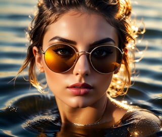 A woman wearing sunglasses reflecting her surroundings, head emerging from water, glamorous closeup face portrait, in the style of avant garde fashion photography, dramatic light, golden hour, perfect composition, concept photography, intricate details

