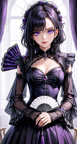 Gothic Glam: A model with jet-black hair in a gothic widow's peak and mesmerizing purple eyes holds a black lace fan. She's dressed in a flowing black gown, creating an air of mystery.