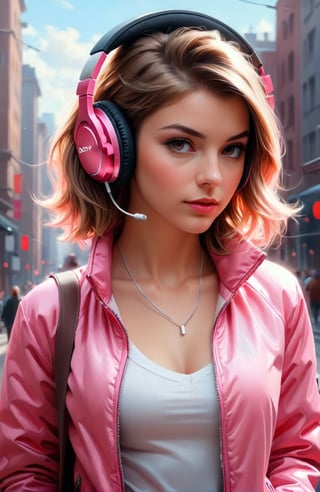 a woman wearing headphones and a pink jacket, a photorealistic painting by Alexander Kucharsky, cgsociety, photorealism, ilya kuvshinov, daz3d, photorealistic
