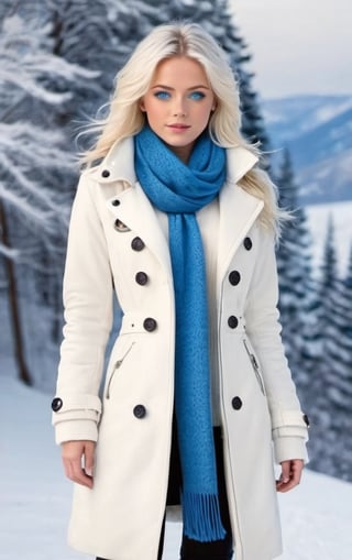 (Snow Girl:1.2), (snowflake white hair:1.4), ((Blue eyes, cold and beautiful):1.5), ((White coat, fluffy and warm):1.2), (blue scarf:1.3), (Snow boots:1.3), (snowman:1.2)
