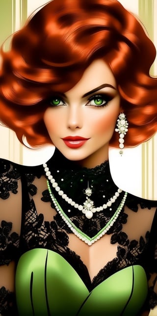  illustration of a beautiful woman with short red hair and green eyes wearing a black lace dress with white pearls