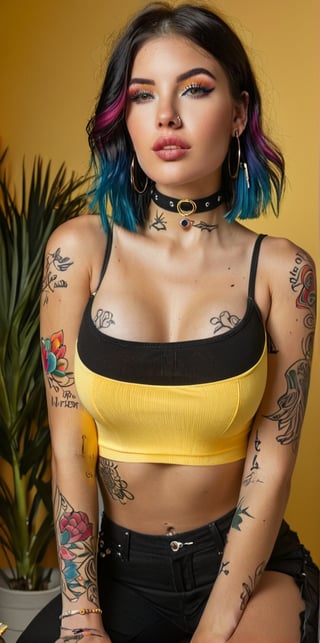 1girl, solo, breasts, looking at viewer, black hair, navel, bare shoulders, jewelry, medium breasts, sitting, multicolored hair, earrings, sleeveless, choker, midriff, pants, medium hair, two-tone hair, lips, crop top, tattoo, makeup, abs, yellow background, eyeshadow, hoop earrings, arm tattoo