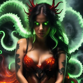 A plump girl lay lazily on a throne made of tentacles. She supported her head on one hand, her eyes half-closed. Fluorescent green eyes sparkled in the darkness, contrasting sharply with her all-black skin and the streaks radiating from her body. Her body is translucent, revealing the glow of a huge red core on her chest. The internal forces are constantly splitting and merging, releasing powerful destructive power. Azathoth. Surrounded by countless invisible dancers, they play invisible flutes to an unsettling monotony. These chaotic voices are trying to maintain Azathoth's calm. It all takes place against a turbulent backdrop: volcanic eruptions, thunder and blizzards combine to create a scene that is both chaotic and mysterious.
,LegendDarkFantasy