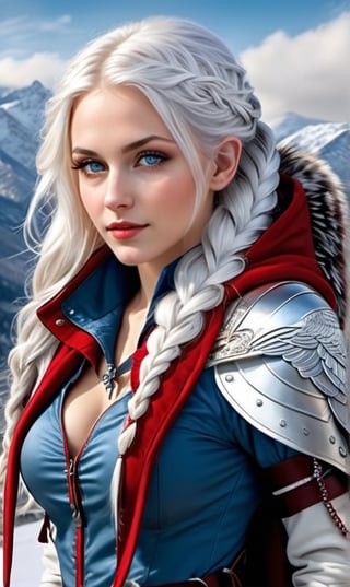 Extreme detailed,ultra Realistic, beautiful sexy  lady,platinum silver and red  shining hair, long elvish braid, side braid, blue-grey eyes,(carries a beautiful hawk on arm:1.2), Wearing leather tunic, hooded cloak, animal fur hood, intricate clothing, animal fur clothing, dark clothing, waistband, scarf, soft smile, bending posture, looking into the distance, snowy mountain scenery, overlooking valley, river, white clouds, seen from behind,ol1v1adunne

