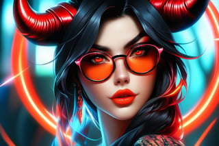 1girl, long hair, tinted eyewear, black hair, forehead mark, sunglasses, jewelry, looking at viewer, red eyes, bracelet, facial mark, solo, red lips, pointy ears, horns, red nails, round eyewear, makeup, glowing, looking over eyewear, lipstick, orange-tinted eyewear, nail polish, red-tinted eyewear, orange nails, glowing eyes, glasses, artist name, nose piercing, lips, animal,horns, demon horns, swirling horns,two way horns, horns
